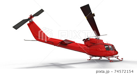 Red small military transport helicopter on white isolated background. The helicopter rescue service. Air taxi. Helicopter for police, fire, ambulance and rescue service. 3d illustration. 74572154