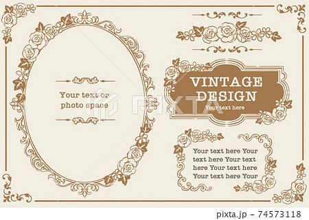 アンティークなお花の装飾フレーム、飾り罫、オーナメントのベクターセット。フォトフレームなどに。 アンティークなお花の装飾フレーム、飾り罫、オーナメントのベクターセット。フォトフレームなどに。 74573118