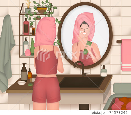 Cartoon Color Character Person Woman and Daily Skin Care Concept. Vector Cartoon Color Character Person Woman and Daily Skin Care Concept. Vector 74573242