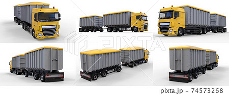 Set large yellow truck with separate trailer, for transportation of agricultural and building bulk materials and products. 3d rendering. 74573268