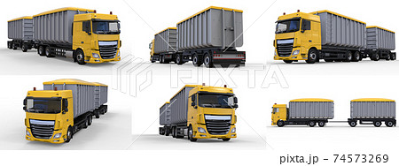 Set large yellow truck with separate trailer, for transportation of agricultural and building bulk materials and products. 3d rendering. 74573269