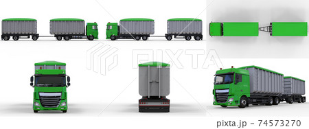 Set large green truck with separate trailer, for transportation of agricultural and building bulk materials and products. 3d rendering. 74573270