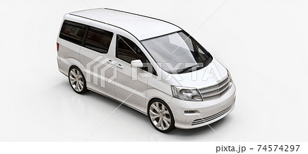 White small minivan for transportation of people. Three-dimensional illustration on a glossy white background. 3d rendering. 74574297