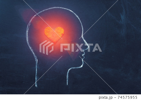 Shining Heart in human head. Love, instinct and romance concept. Chalk drawing. Copy space 74575955