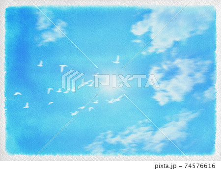 手描きの水彩タッチで描いた、青い空と白い鳥。 手描きの水彩タッチで描いた、青い空と白い鳥。 74576616