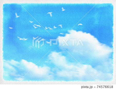 手描きの水彩タッチで描いた青い空と 群れ飛ぶ白い鳩 のイラスト素材