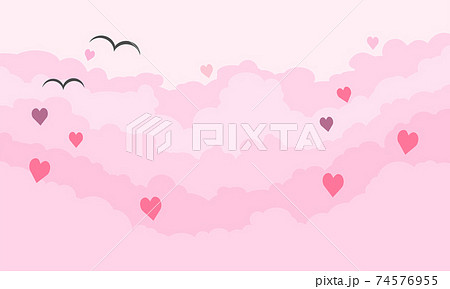 Soft clouds in pink sky with hearts and birds, cloud love background, vector 74576955