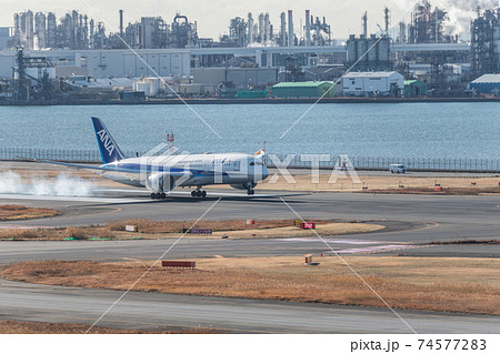 【羽田空港第一ターミナル ANA機着陸時のタイヤスモーク】 【羽田空港第一ターミナル ANA機着陸時のタイヤスモーク】 74577283