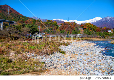 与謝野晶子歌碑公園より　谷川岳　利根川　秋の景色　みなかみ町　　　 74578663