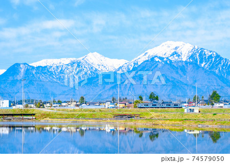 大糸線の風景（春）：水田と北アルプス 74579050