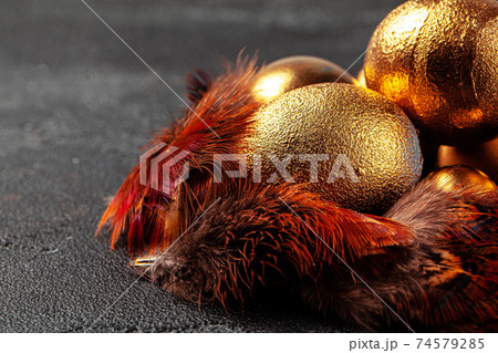 Golden Easter eggs on red bird feathers close up 74579285