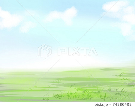 イラスト素材 青空と草原 雲あり 水彩風背景のイラスト素材