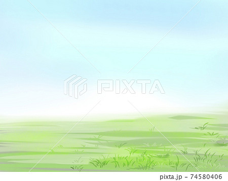イラスト素材 青空と草原 水彩風背景のイラスト素材