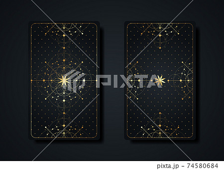 Set magical tarot cards, gold magic occult sacred geometry sign, esoteric boho spiritual symbols, Flower of Life. Luxury Seed of life sacred mandala. Vector collection isolated on black background 74580684