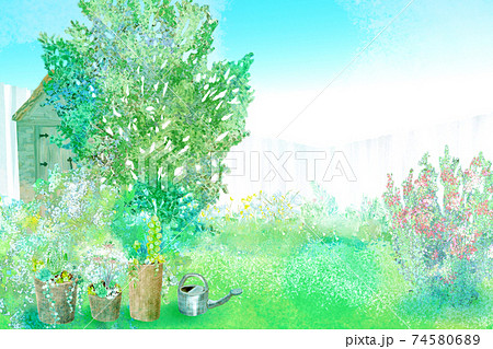 さわやかな色合いで手書きした庭の風景イラストのイラスト素材