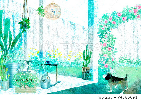 さわやかな色合いで手書きした庭の風景イラスト 74580691