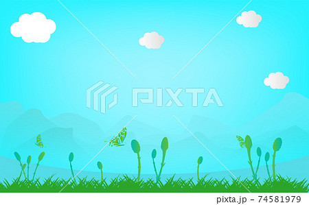 草原とつくしと青空の春の風景のイラスト素材