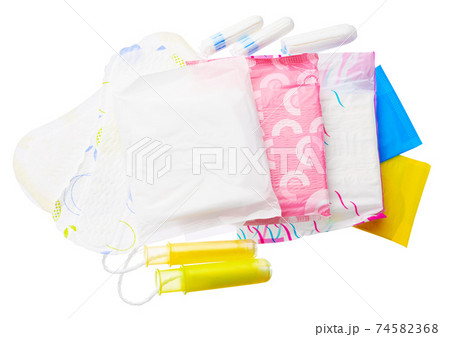 Women hygienic pads and tampons isolated on white 74582368