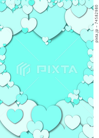 ホワイトデー素材 パステルカラーの水色系ハートをコラージュして作られたハート型フレーム 縦 他色有り 74582980