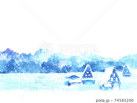 水彩で描いた合掌造りと雪景色のイラスト素材 7450