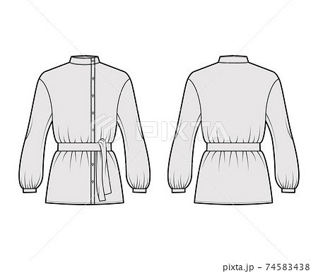 Cossack blouse technical fashion illustration with tie, bouffant long sleeves, stand collar, oversized, button up. Flat 74583438