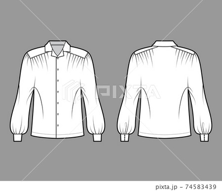 Gaucho blouse technical fashion illustration with dolman puff long sleeves, open collar, oversized, button up. Flat Gaucho blouse technical fashion illustration with dolman puff long sleeves, open collar, oversized, button up. Flat 74583439