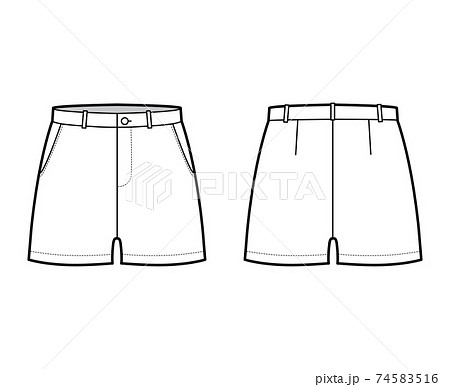 Short pants technical fashion illustration with mid-thigh length, low waist, rise, slashed pocket. Flat bottom apparel Short pants technical fashion illustration with mid-thigh length, low waist, rise, slashed pocket. Flat bottom apparel 74583516