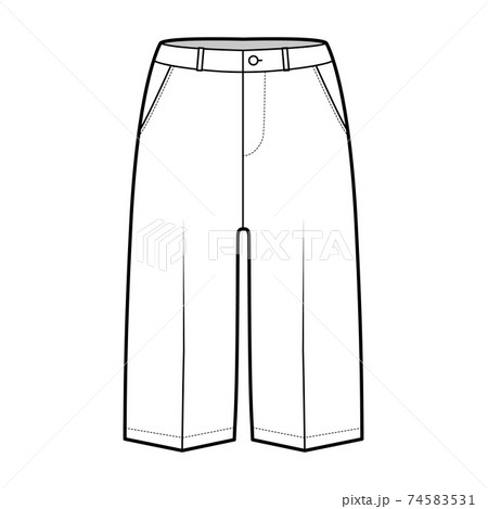 Short Bermuda pants technical fashion illustration with knee length, low waist, rise, slashed pocket. Flat walking Short Bermuda pants technical fashion illustration with knee length, low waist, rise, slashed pocket. Flat walking 74583531