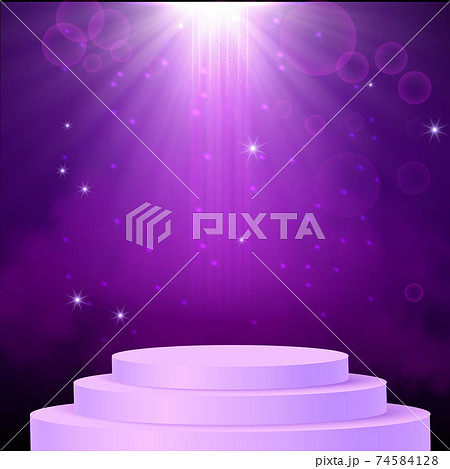 Purple spotlight. Bright lighting with spotlights of the stage with purple dust and cylinder podium. 74584128