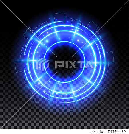 Blue hologram portal. Magic fantasy portal. Magic circle with halo effect. Vector blue glow scifi teleport with sparks and hologram, technology background. Blue hologram portal. Magic fantasy portal. Magic circle with halo effect. Vector blue glow scifi teleport with sparks and hologram, technology background. 74584129