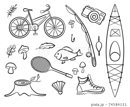 Set of doodle forest camping design elements. Hand drawn hiking and camping doodles. Sport and fishing equipment, perfect for summer camp flyers and posters. Set of doodle forest camping design elements. Hand drawn hiking and camping doodles. Sport and fishing equipment, perfect for summer camp flyers and posters. 74584131