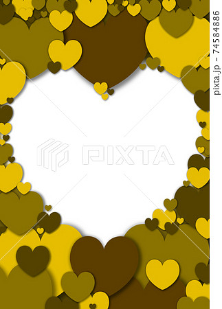 ハート素材 大小の濃淡ある黄土色ハートをコラージュして作られたハート形フレーム 縦 枠内白 他色有り 74584886
