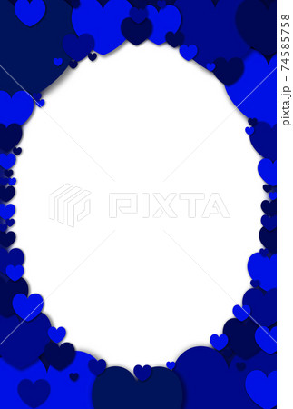 ホワイトデー素材 大小の青 紺色系ハートをコラージュして作られた楕円フレーム 縦 枠内白 他色有りのイラスト素材
