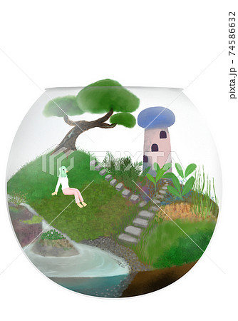 松と苔 ピンクの塔のある水辺 鳥になってくつろぐ女性キャラクターのいるテラリウム 背景透過タイプのイラスト素材
