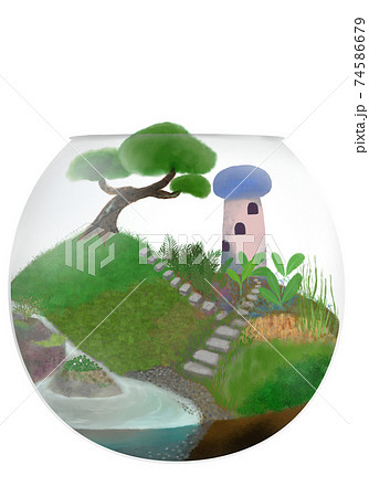 松と苔 ピンク色の塔のある水辺のテラリウム キャラクターなしの背景透過タイプのイラスト素材