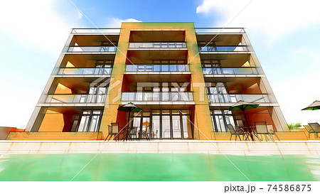 Small functional condominium with its own enclosed area, garage and swimming pool. Area with umbrellas for relaxing in warm weather. Summer Sunny day with small clouds. 3d illustration in hand-drawn 74586875