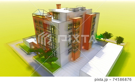 Small functional condominium with its own enclosed area, garage and swimming pool. Area with umbrellas for relaxing in warm weather. Summer Sunny day with small clouds. 3d illustration in hand-drawn Small functional condominium with its own enclosed area, garage and swimming pool. Area with umbrellas for relaxing in warm weather. Summer Sunny day with small clouds. 3d illustration in hand-drawn 74586876