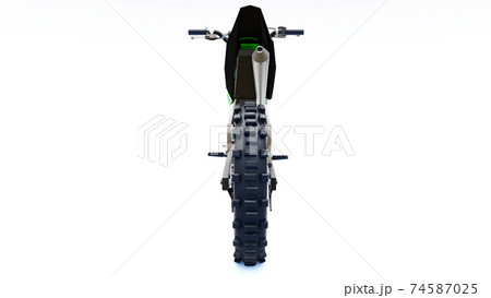 Green and black sport bike for cross-country on a white background. Racing Sportbike. Modern Supercross Motocross Dirt Bike. 3D Rendering. 74587025