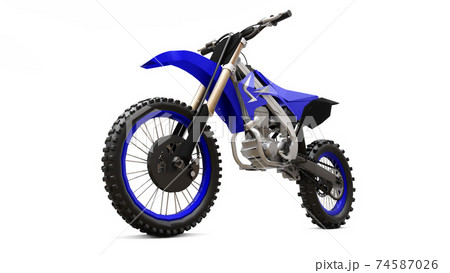 Blue and black sport bike for cross-country on a white background. Racing Sportbike. Modern Supercross Motocross Dirt Bike. 3D Rendering. Blue and black sport bike for cross-country on a white background. Racing Sportbike. Modern Supercross Motocross Dirt Bike. 3D Rendering. 74587026