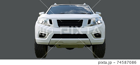 White commercial vehicle delivery truck with a double cab. Machine without insignia with a clean empty body to accommodate your logos and labels. 3d rendering. White commercial vehicle delivery truck with a double cab. Machine without insignia with a clean empty body to accommodate your logos and labels. 3d rendering. 74587086
