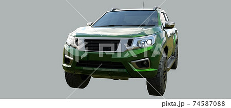 Green commercial vehicle delivery truck with a double cab. Machine without insignia with a clean empty body to accommodate your logos and labels. 3d rendering. Green commercial vehicle delivery truck with a double cab. Machine without insignia with a clean empty body to accommodate your logos and labels. 3d rendering. 74587088