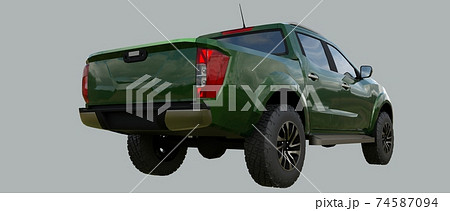 Green commercial vehicle delivery truck with a double cab. Machine without insignia with a clean empty body to accommodate your logos and labels. 3d rendering. 74587094