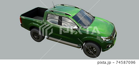 Green commercial vehicle delivery truck with a double cab. Machine without insignia with a clean empty body to accommodate your logos and labels. 3d rendering. Green commercial vehicle delivery truck with a double cab. Machine without insignia with a clean empty body to accommodate your logos and labels. 3d rendering. 74587096