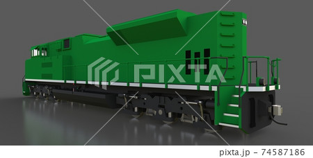 Modern green diesel railway locomotive with great power and strength for moving long and heavy railroad train. 3d rendering. 74587186