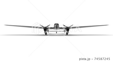 Three-dimensional model of the bomber aircraft of the second world war. Shiny aluminum body with two tails and wide wings. Turboprop engine. Shiny black airplane on a white background. 3d Three-dimensional model of the bomber aircraft of the second world war. Shiny aluminum body with two tails and wide wings. Turboprop engine. Shiny black airplane on a white background. 3d 74587245