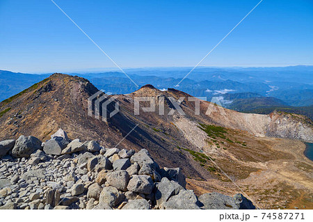 岐阜県(長野県)の乗鞍岳の山頂から西側(大日岳,屏風岳)方面を見る 74587271