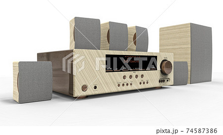 DVD receiver and home theater system with speakers and subwoofer made of painted metal and light wood. 3d illustration. DVD receiver and home theater system with speakers and subwoofer made of painted metal and light wood. 3d illustration. 74587386