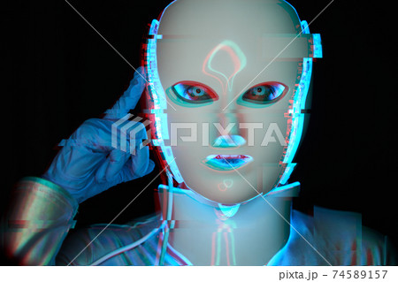 Portrait of futuristic robot. Image with glitch effect. Portrait of futuristic robot. Image with glitch effect. 74589157