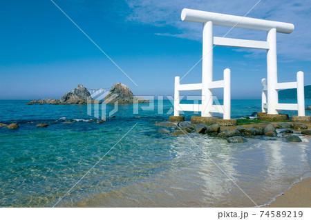 桜井二見ヶ浦の夫婦岩と白い鳥居 74589219