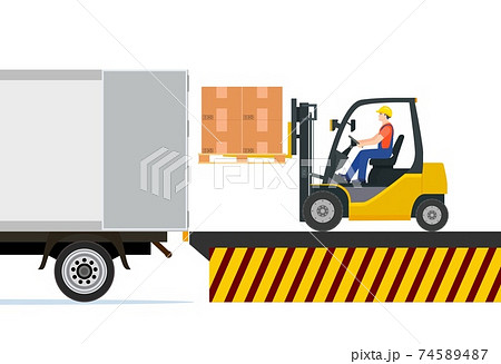 Forklift loading pallet boxes into truck. Forklift loading pallet boxes into truck. 74589487